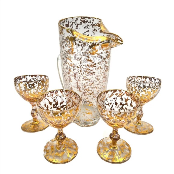 Vintage Other - Vintage Wine Goblet Gold Splatter Speckled confetti Pitcher Barware Glass MCM